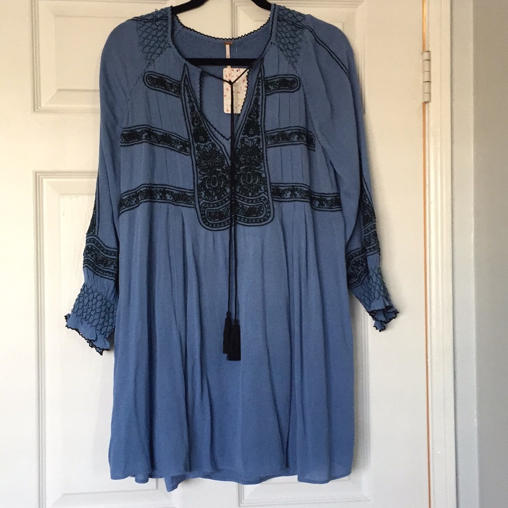Free People Indigo Midi Dress with Black Embroidery